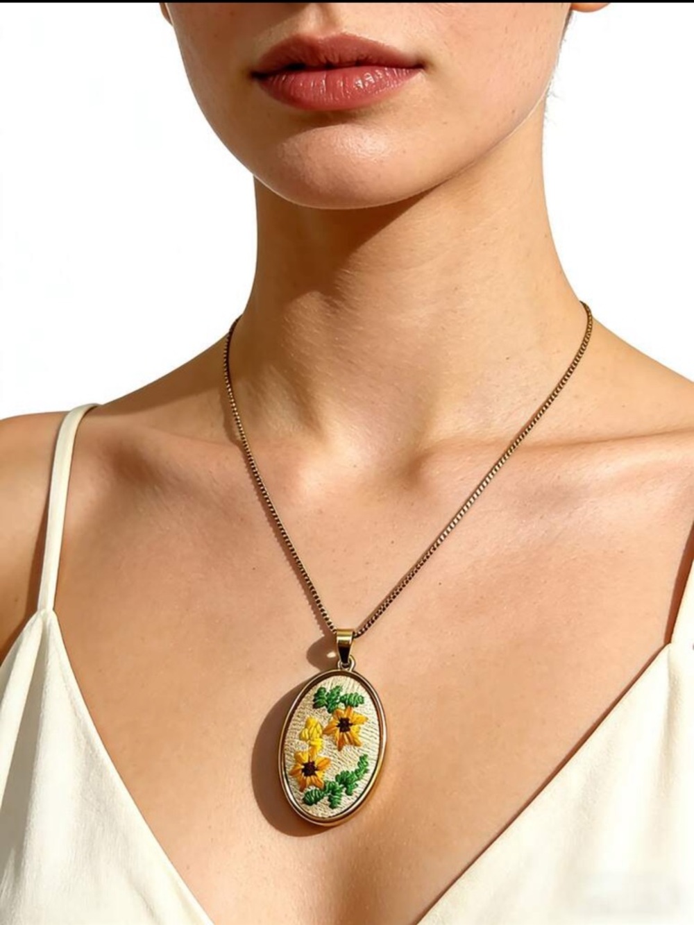 Handmade Yellow Floral Oval Pendant Necklace - Brand: